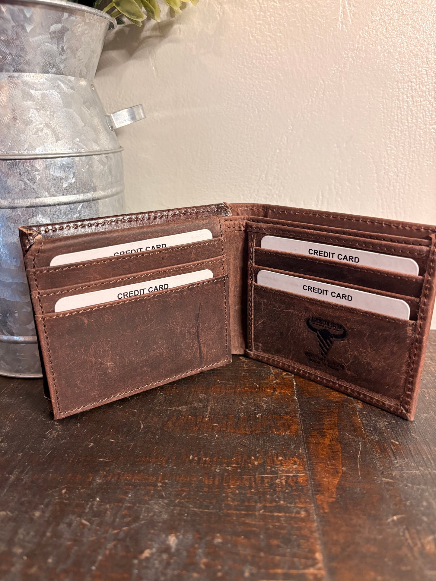 American Bison Tooled Brown Leather Wallet with Longhorn