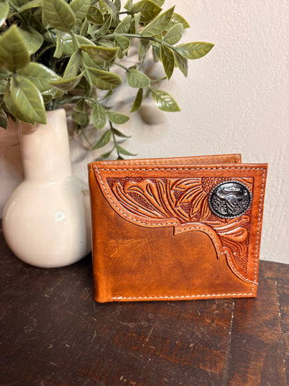 American Bison Tooled Leather Wallet with Longhorn Emblem