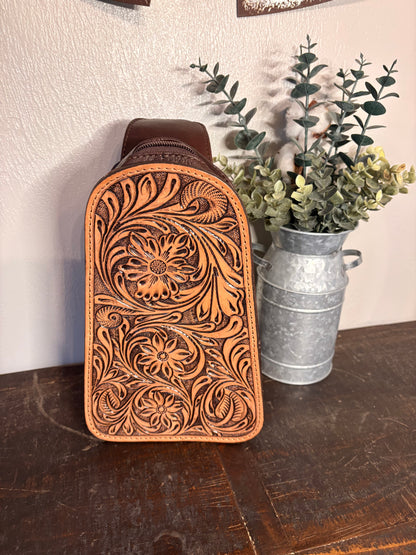 Tooled Leather Sling Bag