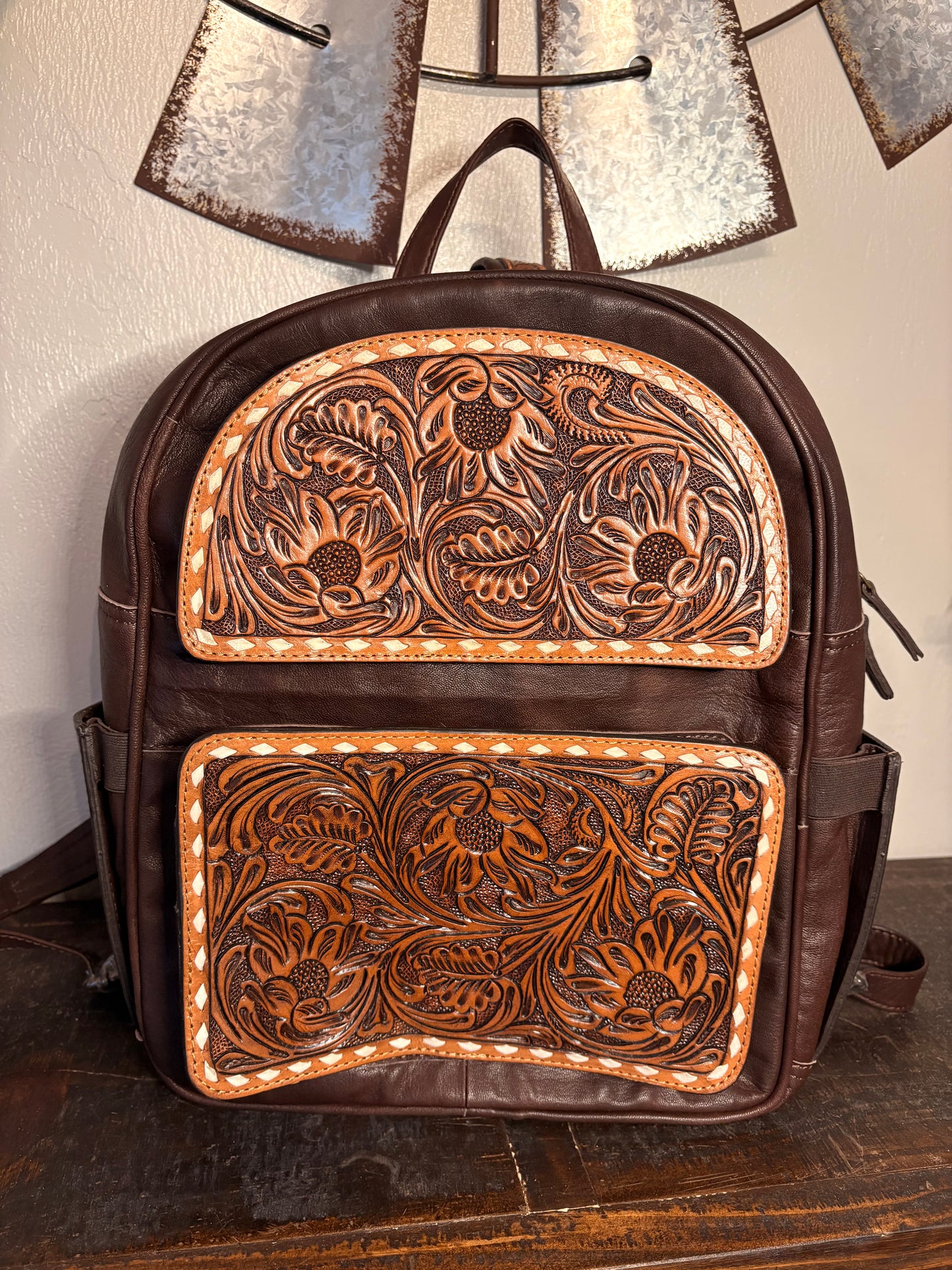 Brown Leather / Tooled Leather Backpack