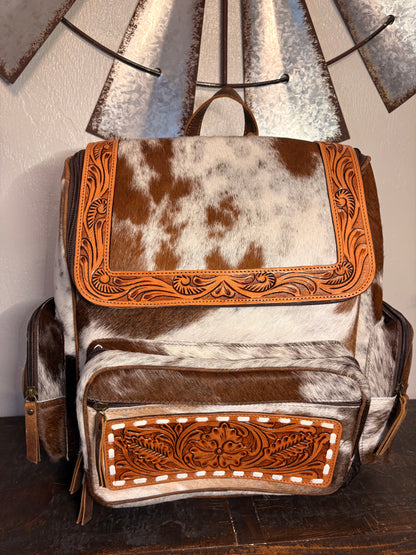 Tooled Leather & Brown Cowhide Backpack / Diaper Bag