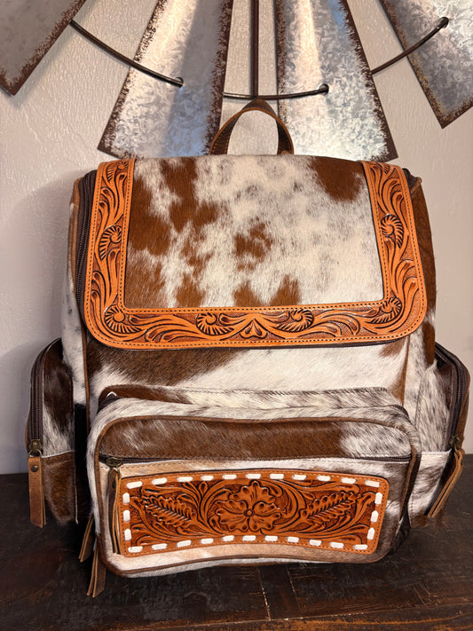 Tooled Leather & Brown Cowhide Backpack / Diaper Bag