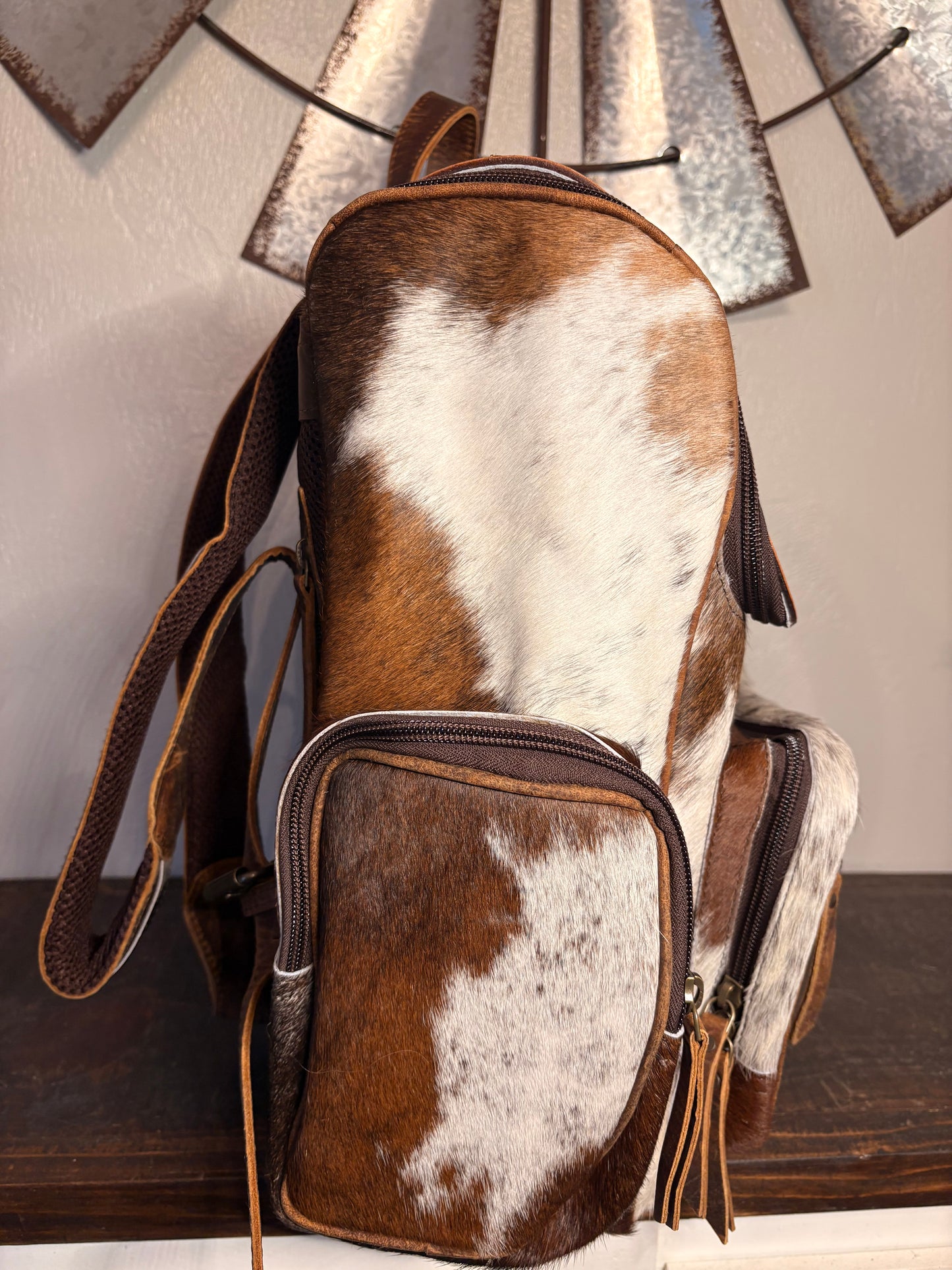 Tooled Leather & Brown Cowhide Backpack / Diaper Bag
