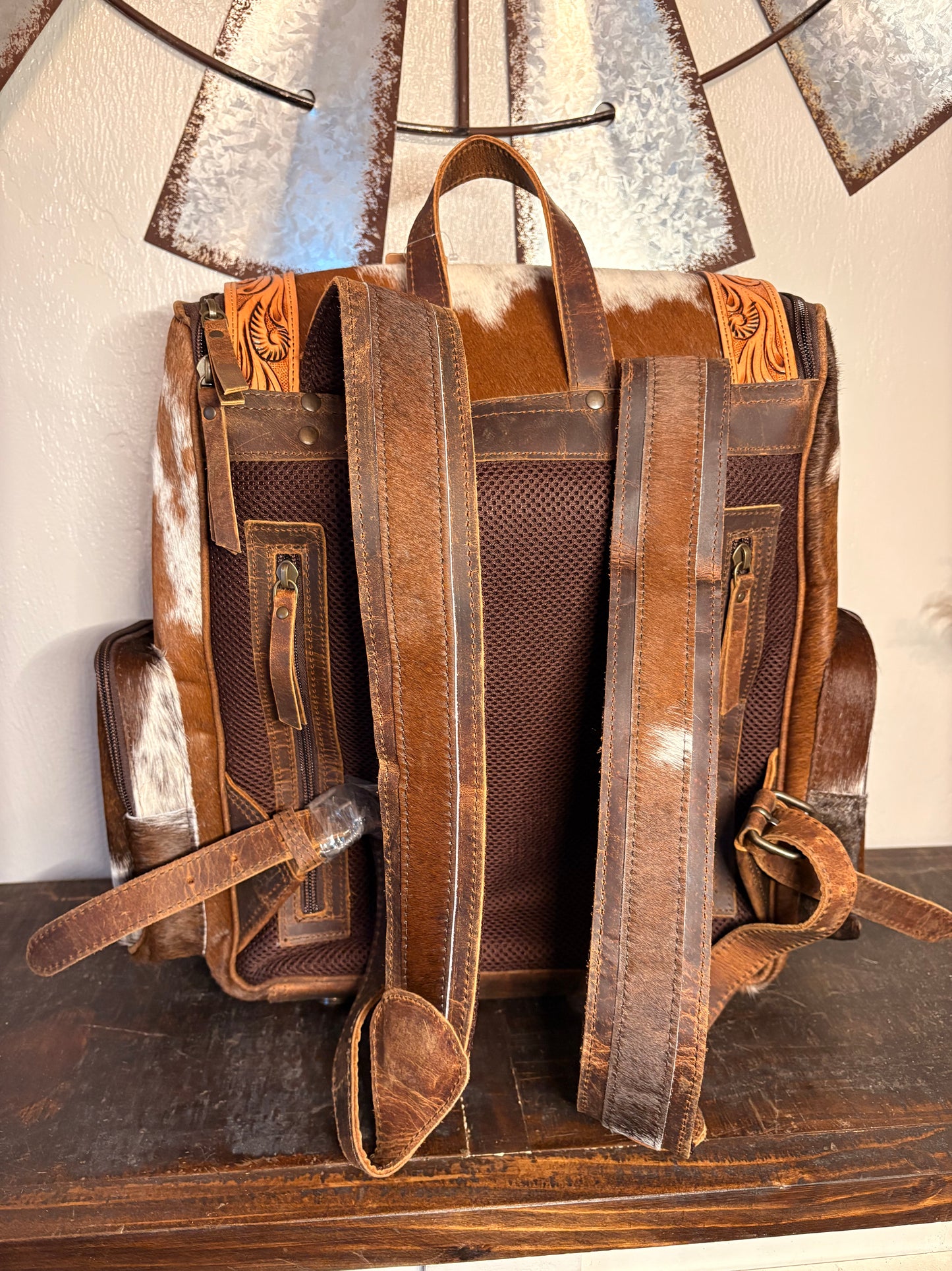 Tooled Leather & Brown Cowhide Backpack / Diaper Bag