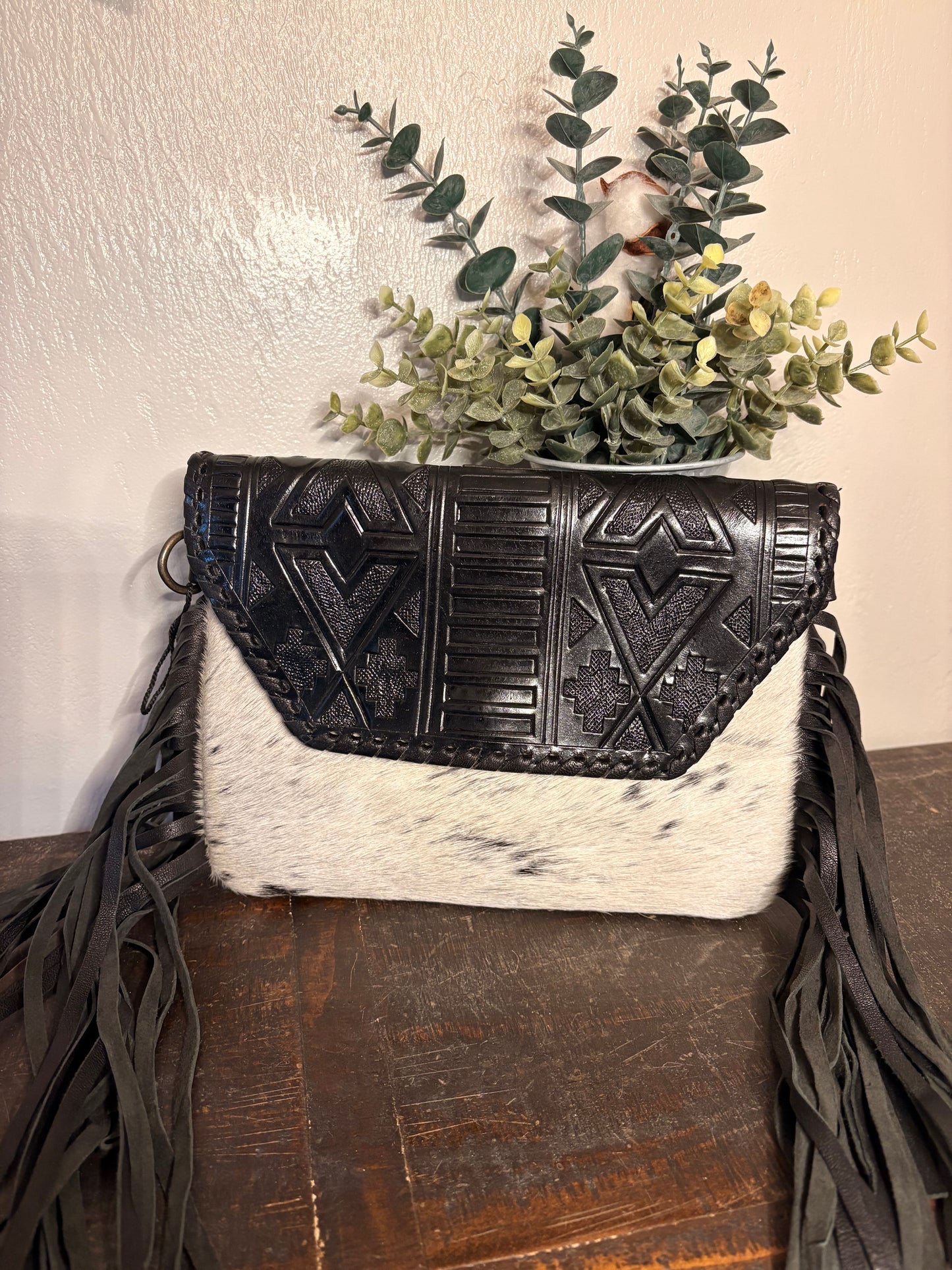 Black Tooled Leather & Hide Crossbody
