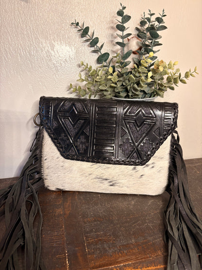 Black Tooled Leather & Hide Crossbody