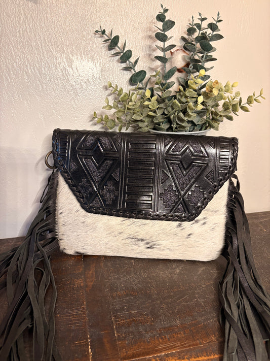 Black Tooled Leather & Hide Crossbody