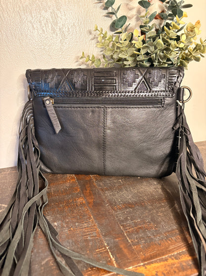 Black Tooled Leather & Hide Crossbody
