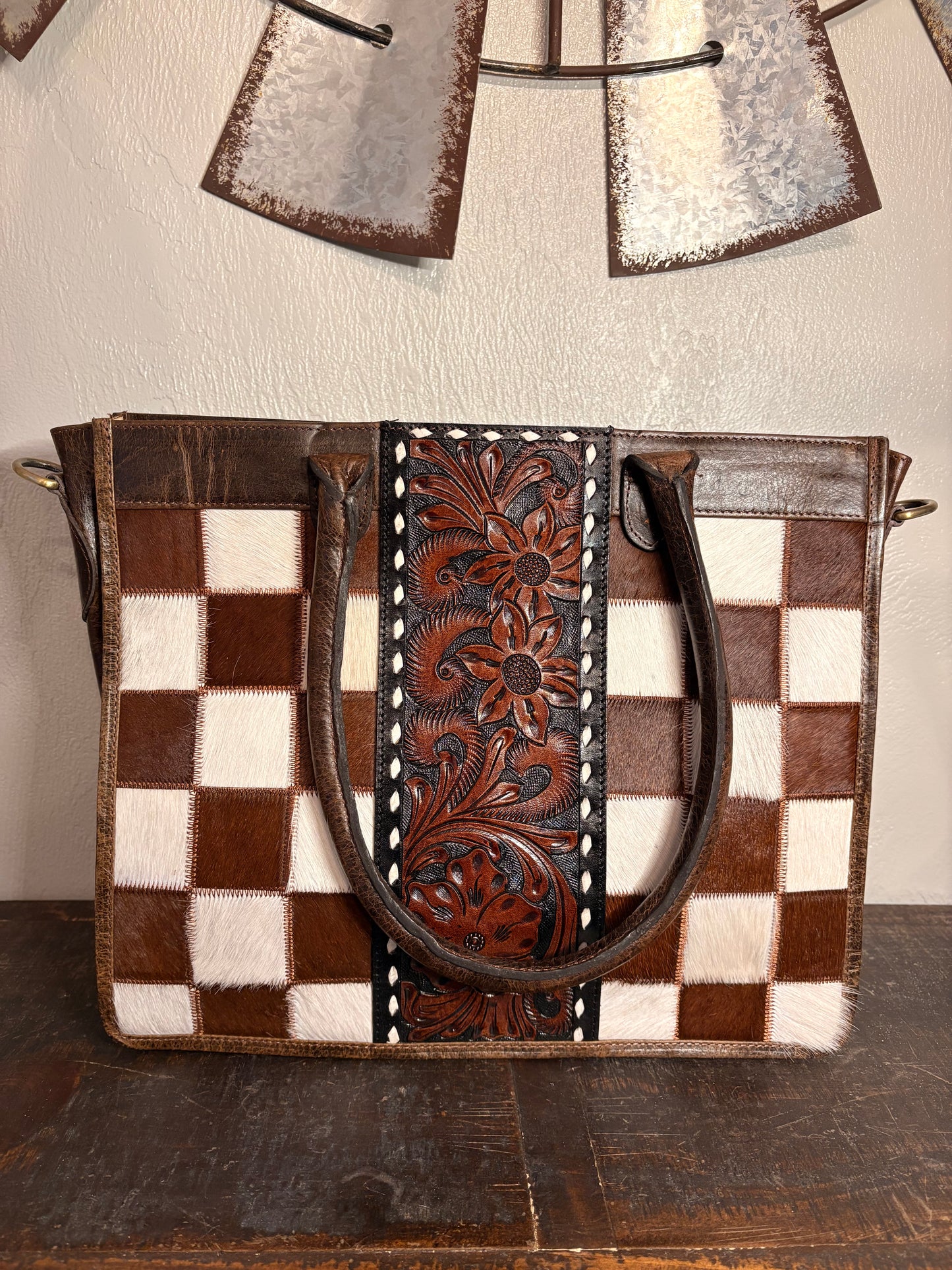 Cali Cowhide and Tooled Leather Checkered Purse