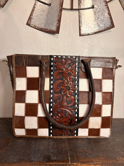 Cali Cowhide and Tooled Leather Checkered Purse