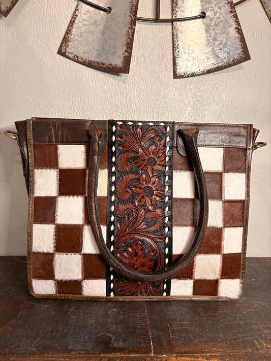 Cali Cowhide and Tooled Leather Checkered Purse