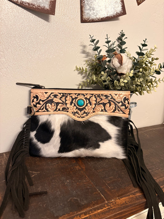 Tooled Leather / Black & White Cowhide Crossbody