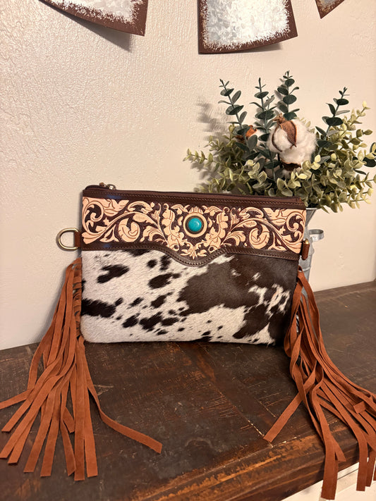 Tooled Leather / Brown & White Cowhide Crossbody