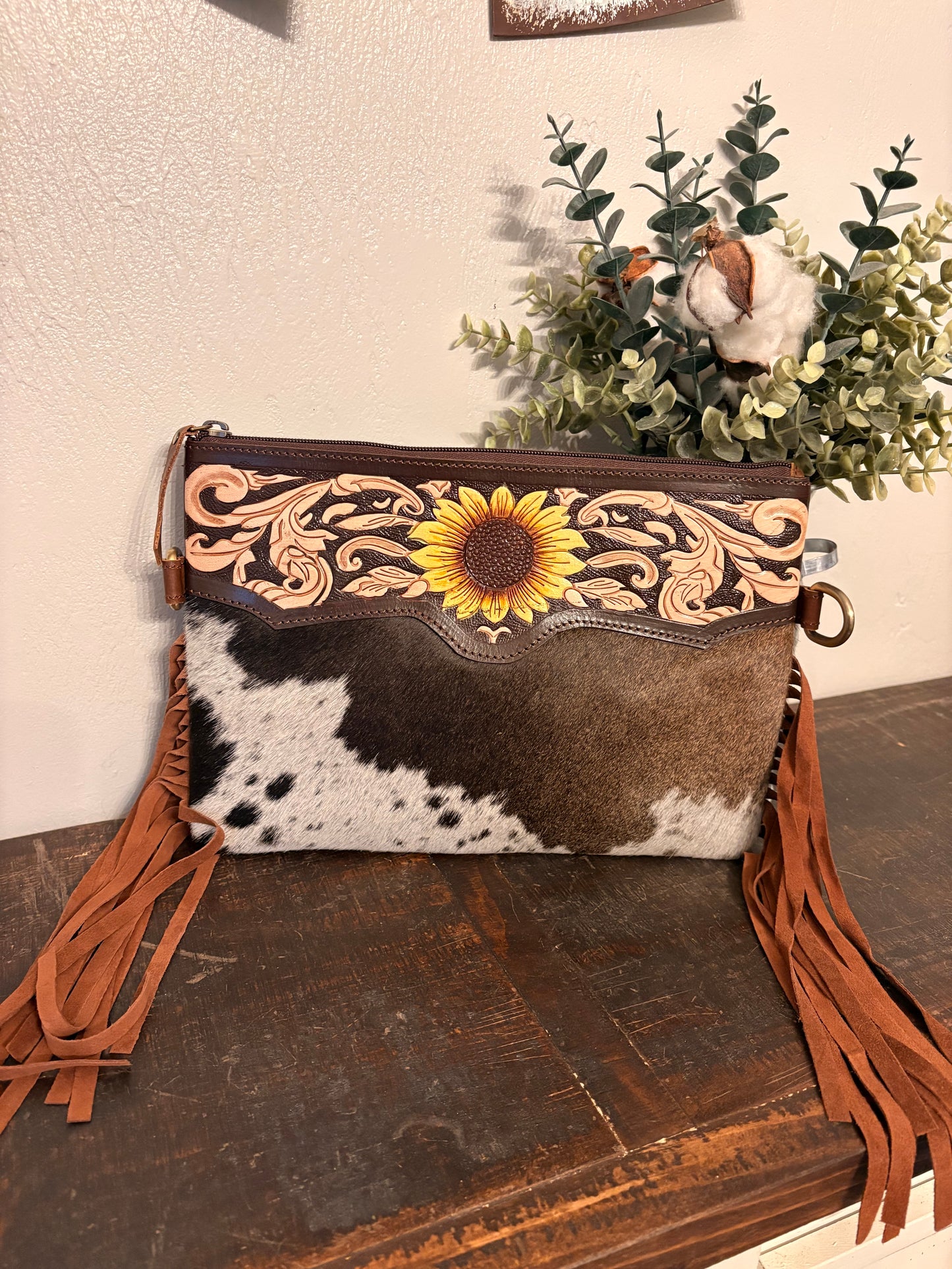 Cowhide Crossbody with Tooled Sunflower