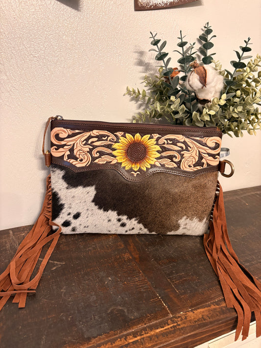 Cowhide Crossbody with Tooled Sunflower