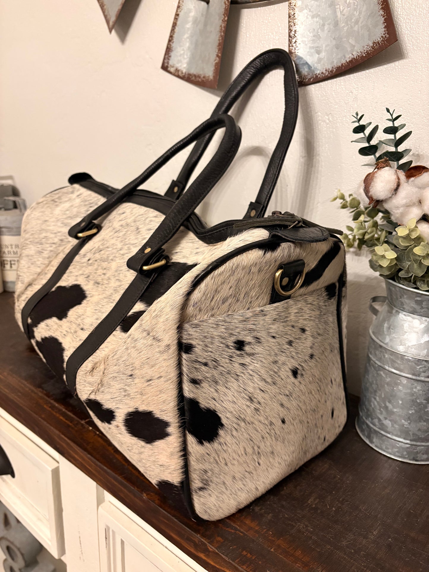 Bridget Black & White Cowhide Duffle Bag