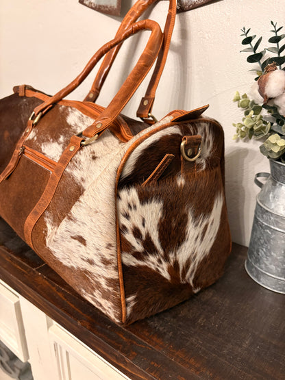 Brandy Brown & White Cowhide Duffle Bag