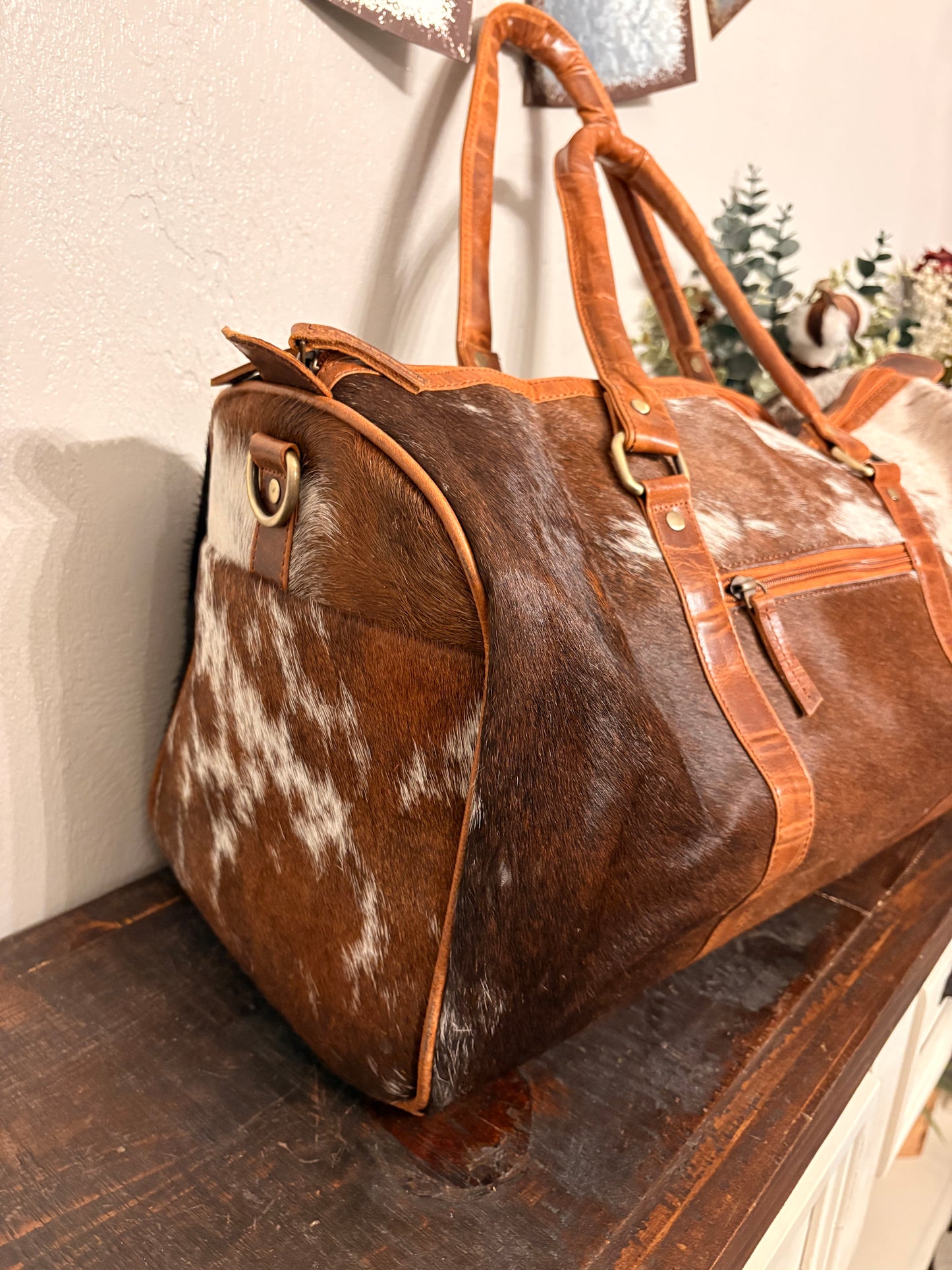 Brandy Brown & White Cowhide Duffle Bag