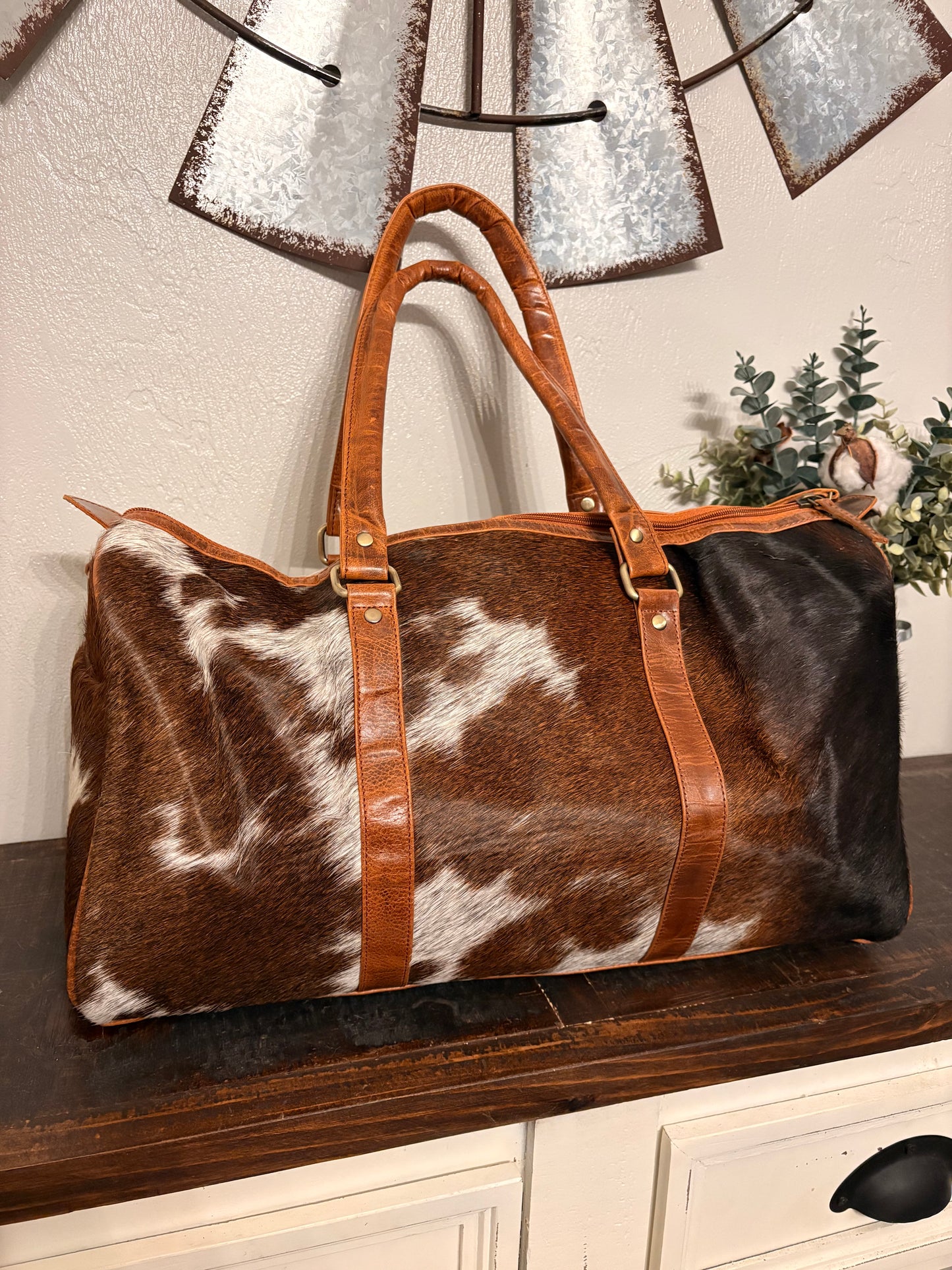 Brandy Brown & White Cowhide Duffle Bag