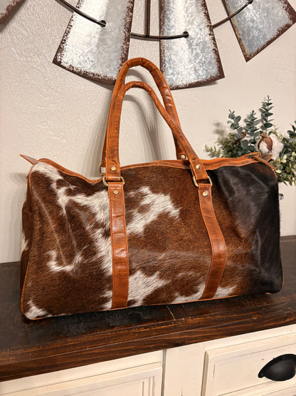 Brandy Brown & White Cowhide Duffle Bag