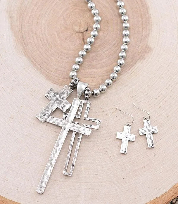 Silver Cross Charm Necklace Set