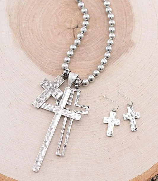 Silver Cross Charm Necklace Set