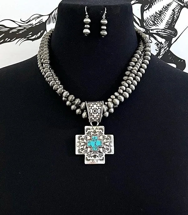 Aztec Cross Navajo Pearl Necklace Set